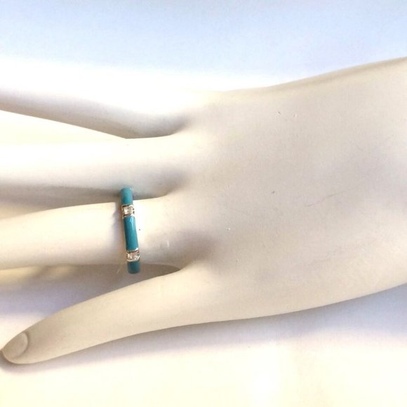 Aqua Enamel Eternity Ring Band Size 5 Cubic Zirconia Silver Rhodium Plated - Picture 5 of 9